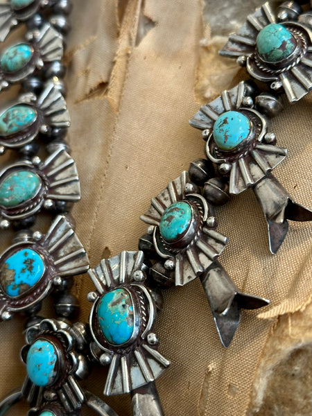SQUASH BLOSSOM Large Turquoise & Sterling Silver Vintage Necklace