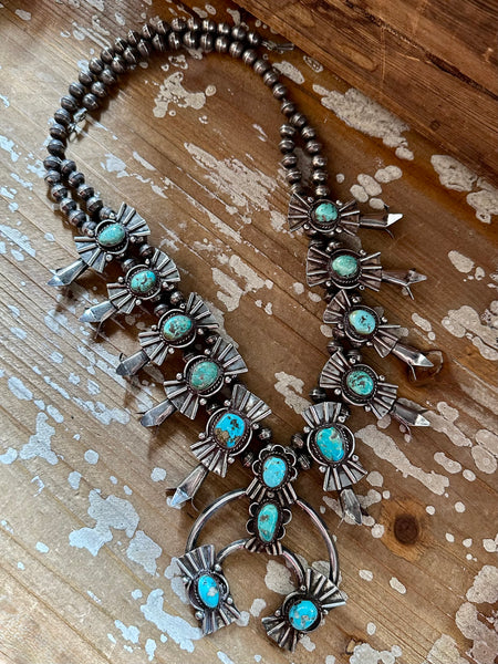 SQUASH BLOSSOM Large Turquoise & Sterling Silver Vintage Necklace
