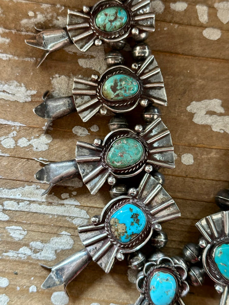 SQUASH BLOSSOM Large Turquoise & Sterling Silver Vintage Necklace