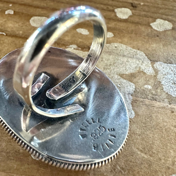 WYDELL BILLIE Navajo Pink Conch Shell and Sterling Silver Oval Ring • Size 7 Adjustable