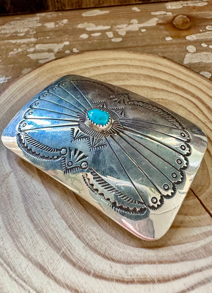 SILVER PEACOCK TURQUOISE Mens Belt Buckle