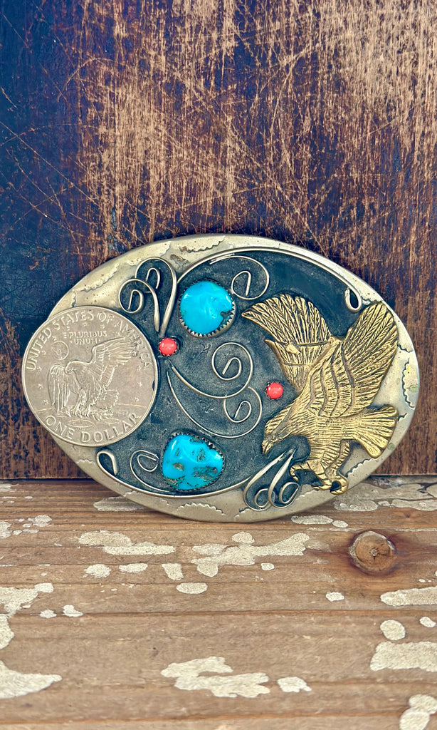 ONE DOLLAR EAGLE Turquoise and Coral Mens Belt Buckle • 124g