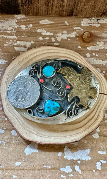 ONE DOLLAR EAGLE Turquoise and Coral Mens Belt Buckle • 124g