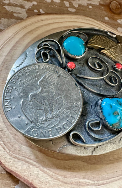 ONE DOLLAR EAGLE Turquoise and Coral Mens Belt Buckle • 124g
