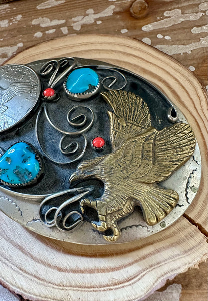 ONE DOLLAR EAGLE Turquoise and Coral Mens Belt Buckle • 124g