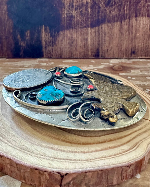 ONE DOLLAR EAGLE Turquoise and Coral Mens Belt Buckle • 124g