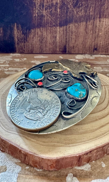 ONE DOLLAR EAGLE Turquoise and Coral Mens Belt Buckle • 124g