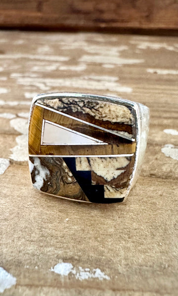 TULLY GUSTINE Navajo Multi Stone Geometric Inlay Ring Mens • Size 12