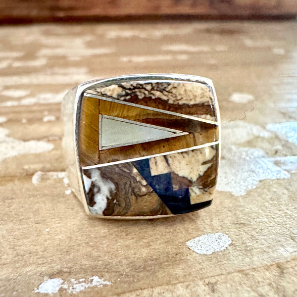 TULLY GUSTINE Navajo Multi Stone Geometric Inlay Ring Mens • Size 12