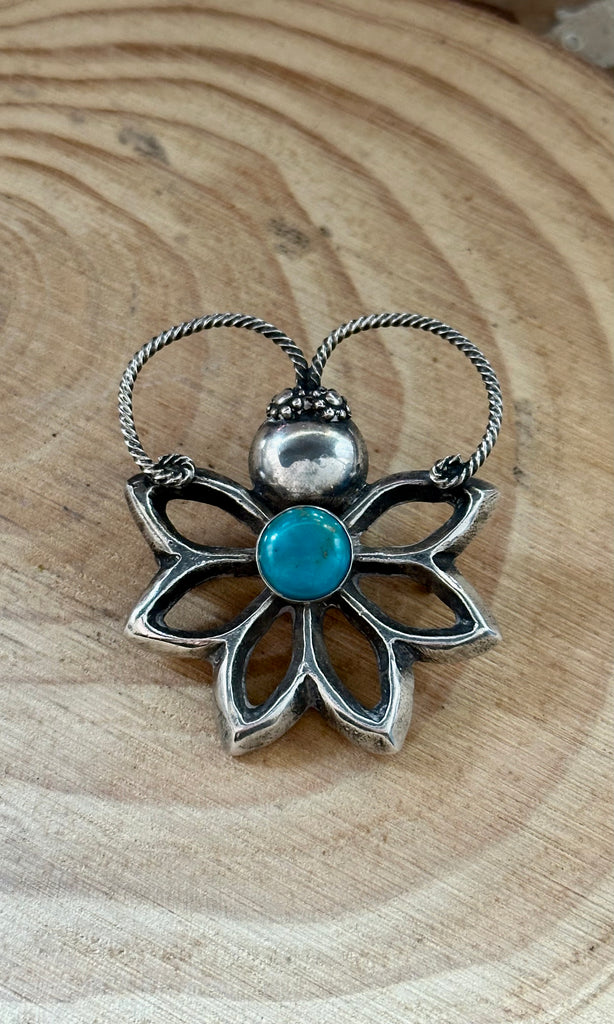 NAVAJO BROOCH Vintage Turquoise Butterfly Flower Sterling Silver Pin