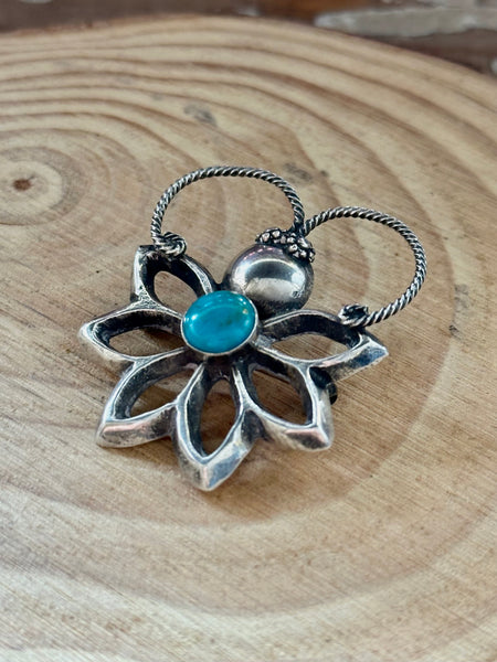 NAVAJO BROOCH Vintage Turquoise Butterfly Flower Sterling Silver Pin