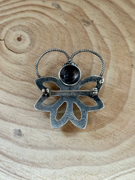 NAVAJO BROOCH Vintage Turquoise Butterfly Flower Sterling Silver Pin