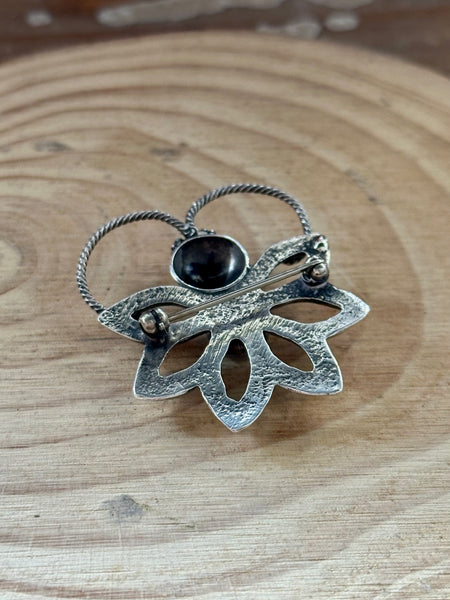 NAVAJO BROOCH Vintage Turquoise Butterfly Flower Sterling Silver Pin