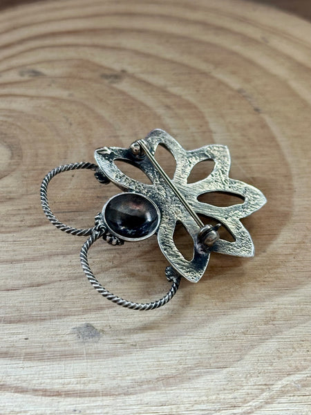 NAVAJO BROOCH Vintage Turquoise Butterfly Flower Sterling Silver Pin