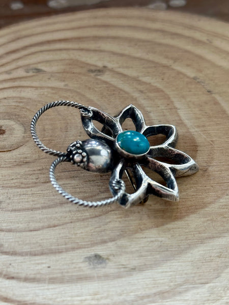NAVAJO BROOCH Vintage Turquoise Butterfly Flower Sterling Silver Pin