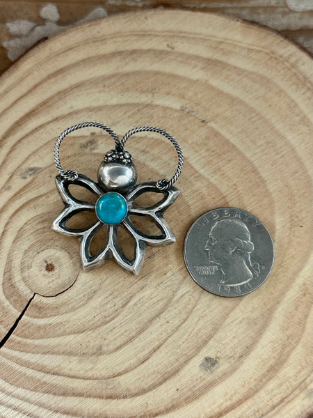 NAVAJO BROOCH Vintage Turquoise Butterfly Flower Sterling Silver Pin