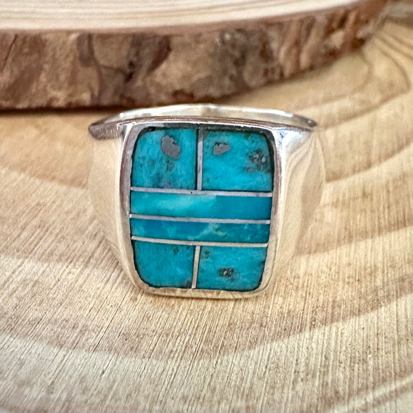 OPEN OCEAN Turquoise & Sterling Silver Native American Inlay Mens Ring • Size 11