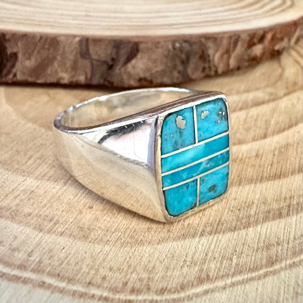 OPEN OCEAN Turquoise & Sterling Silver Native American Inlay Mens Ring • Size 11