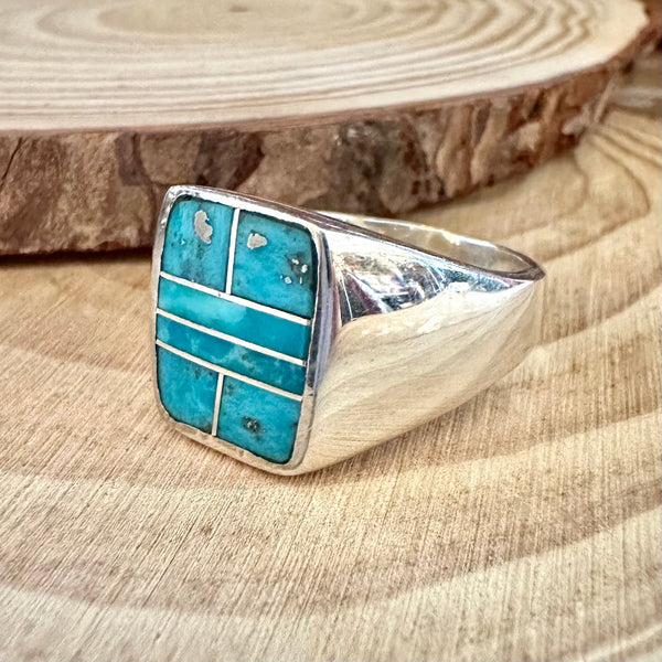 OPEN OCEAN Turquoise & Sterling Silver Native American Inlay Mens Ring • Size 11