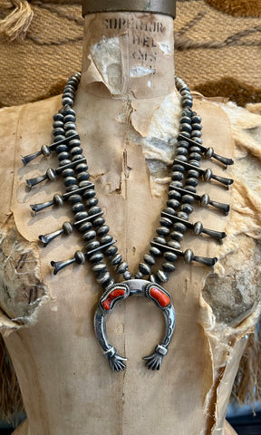 SQUASH BLOSSOM Large Coral & Sterling Silver Vintage Necklace