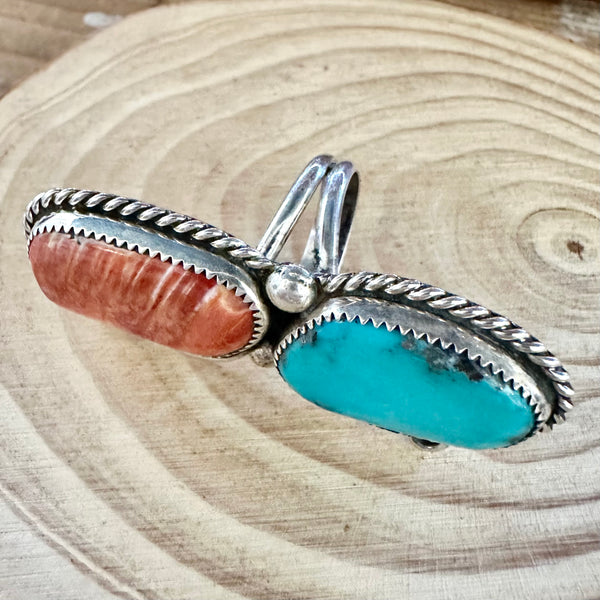 OPPOSITES ATTRACT Vintage Rose Castillo Ring Sterling Silver, Turquoise, Spiny Oyster • Size 9