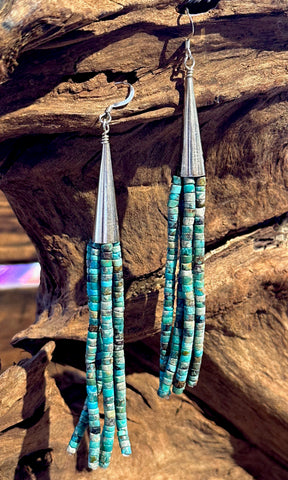 CORRAINE SMITH Navajo Kingman Turquoise Beaded Fringe Dangle Earrings