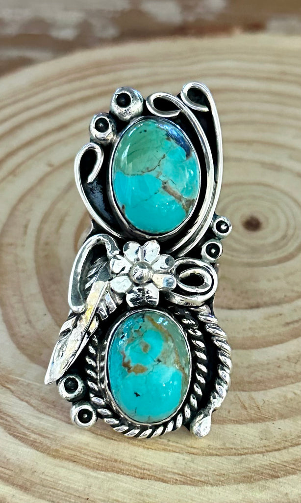 LITTLE C.R. Navajo, Dineh Native Arts Turquoise Sterling Silver, Large Ring • Size 9 1/2