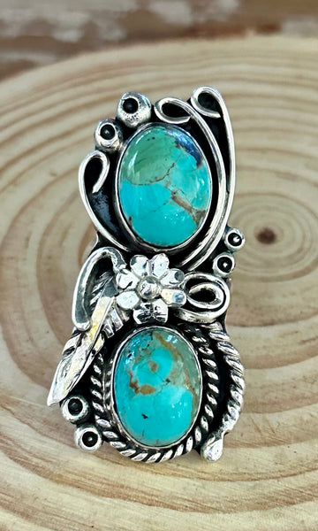 LITTLE C.R. Navajo, Dineh Native Arts Turquoise Sterling Silver, Large Ring • Size 9 1/2