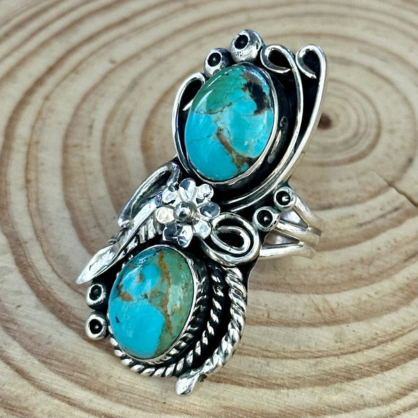 LITTLE C.R. Navajo, Dineh Native Arts Turquoise Sterling Silver, Large Ring • Size 9 1/2