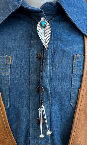 BENNETT PAT PEND Feather Bolo Tie w/ Leather Cord, Sterling Silver & Turquoise