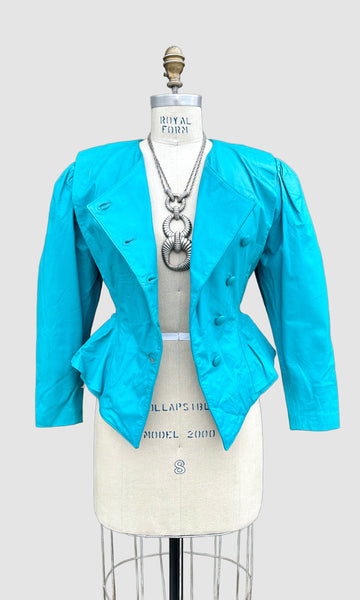 OBSSETION PEPLUM Aqua Leather Vintage 80's Peacoat Jacket • Small