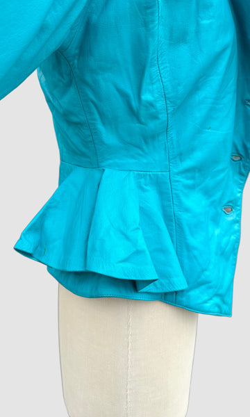 OBSSETION PEPLUM Aqua Leather Vintage 80's Peacoat Jacket • Small