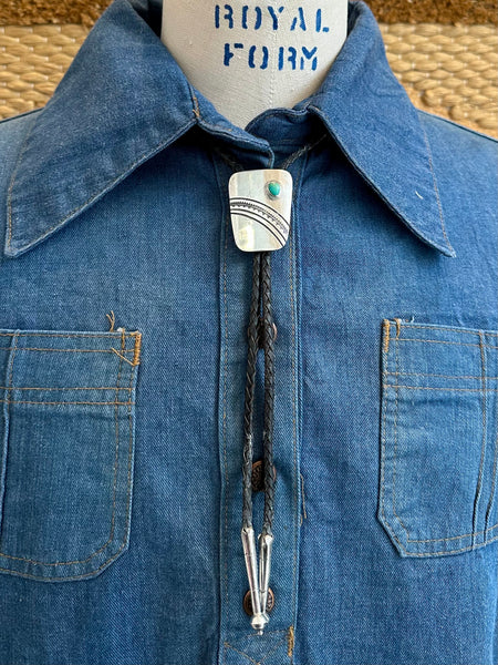 BENNETT PAT PEND Bolo Tie w/ Leather Cord, Sterling Silver & Turquoise