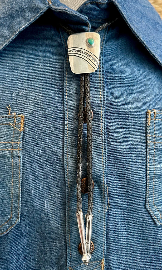 BENNETT PAT PEND Bolo Tie w/ Leather Cord, Sterling Silver & Turquoise
