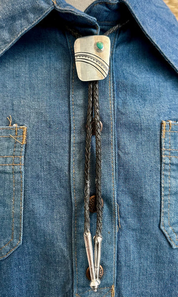 BENNETT PAT PEND Bolo Tie w/ Leather Cord, Sterling Silver & Turquoise