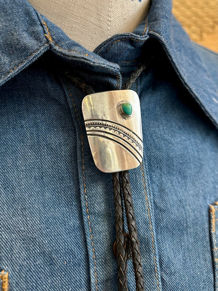 BENNETT PAT PEND Bolo Tie w/ Leather Cord, Sterling Silver & Turquoise