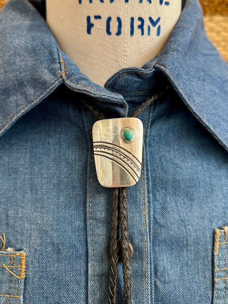 BENNETT PAT PEND Bolo Tie w/ Leather Cord, Sterling Silver & Turquoise