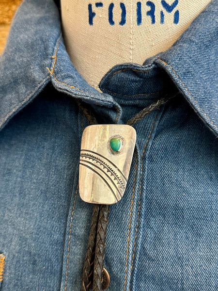 BENNETT PAT PEND Bolo Tie w/ Leather Cord, Sterling Silver & Turquoise