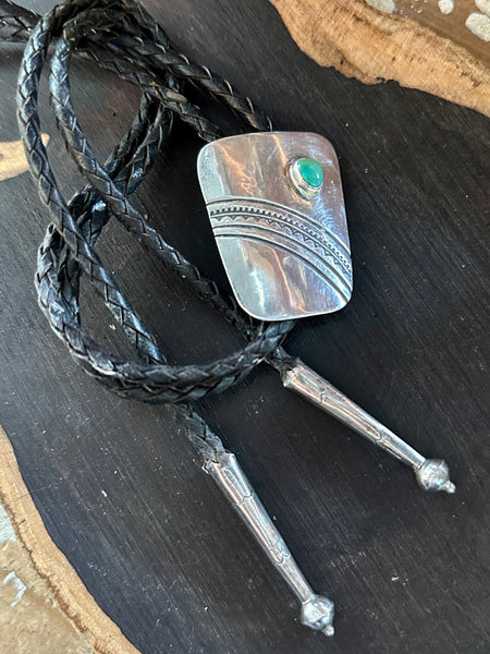 BENNETT PAT PEND Bolo Tie w/ Leather Cord, Sterling Silver & Turquoise