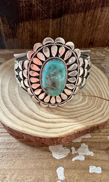 L. JAMES S/S Flower Power Navajo Turquoise Sterling Silver Cuff • 108g