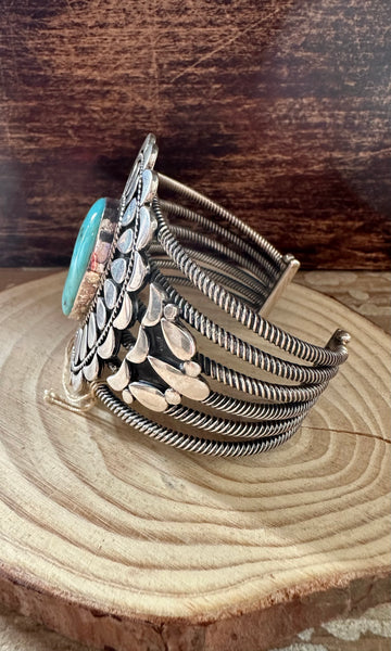L. JAMES S/S Flower Power Navajo Turquoise Sterling Silver Cuff • 108g