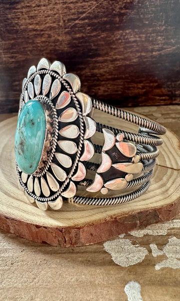 L. JAMES S/S Flower Power Navajo Turquoise Sterling Silver Cuff • 108g