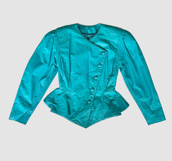 OBSSETION PEPLUM Aqua Leather Vintage 80's Peacoat Jacket • Small