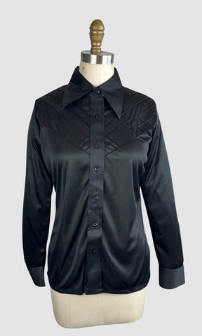 PIERRE FOSHEY 70s Deadstock Black Polyester Disco Shirt • Extra Small