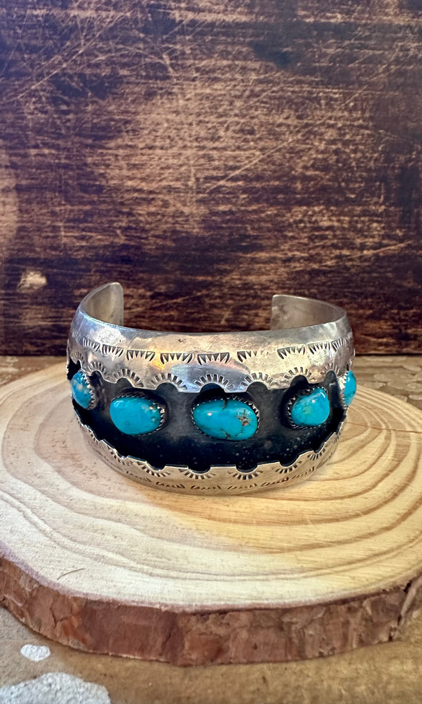 VINTAGE SHADOWBOX 70s Turquoise, Sterling Silver Cuff • HK Hallmark