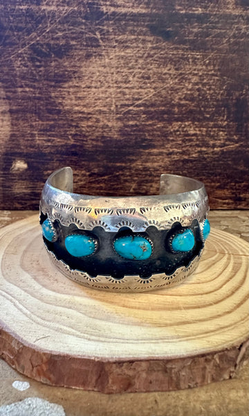 VINTAGE SHADOWBOX 70s Turquoise, Sterling Silver Cuff • HK Hallmark