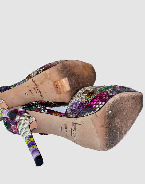 JIMMY CHOO Lola Floral Printed Ankle Strap  Platform Shoes • Size 38