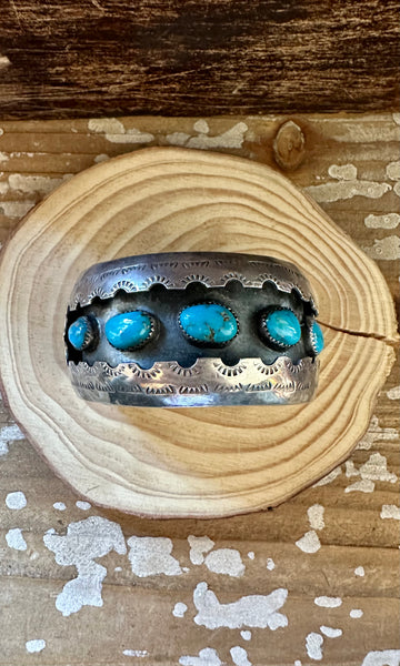 VINTAGE SHADOWBOX 70s Turquoise, Sterling Silver Cuff • HK Hallmark