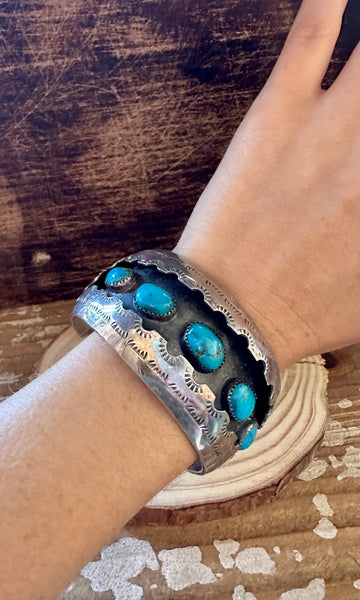 VINTAGE SHADOWBOX 70s Turquoise, Sterling Silver Cuff • HK Hallmark