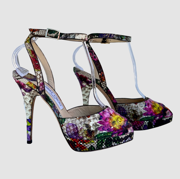JIMMY CHOO Lola Floral Printed Ankle Strap  Platform Shoes • Size 38